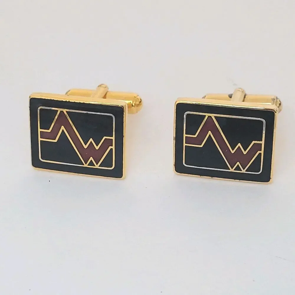 Mario Valentino MV Gold Black Red Tone Rectangle Logo Cufflinks Designer Retro